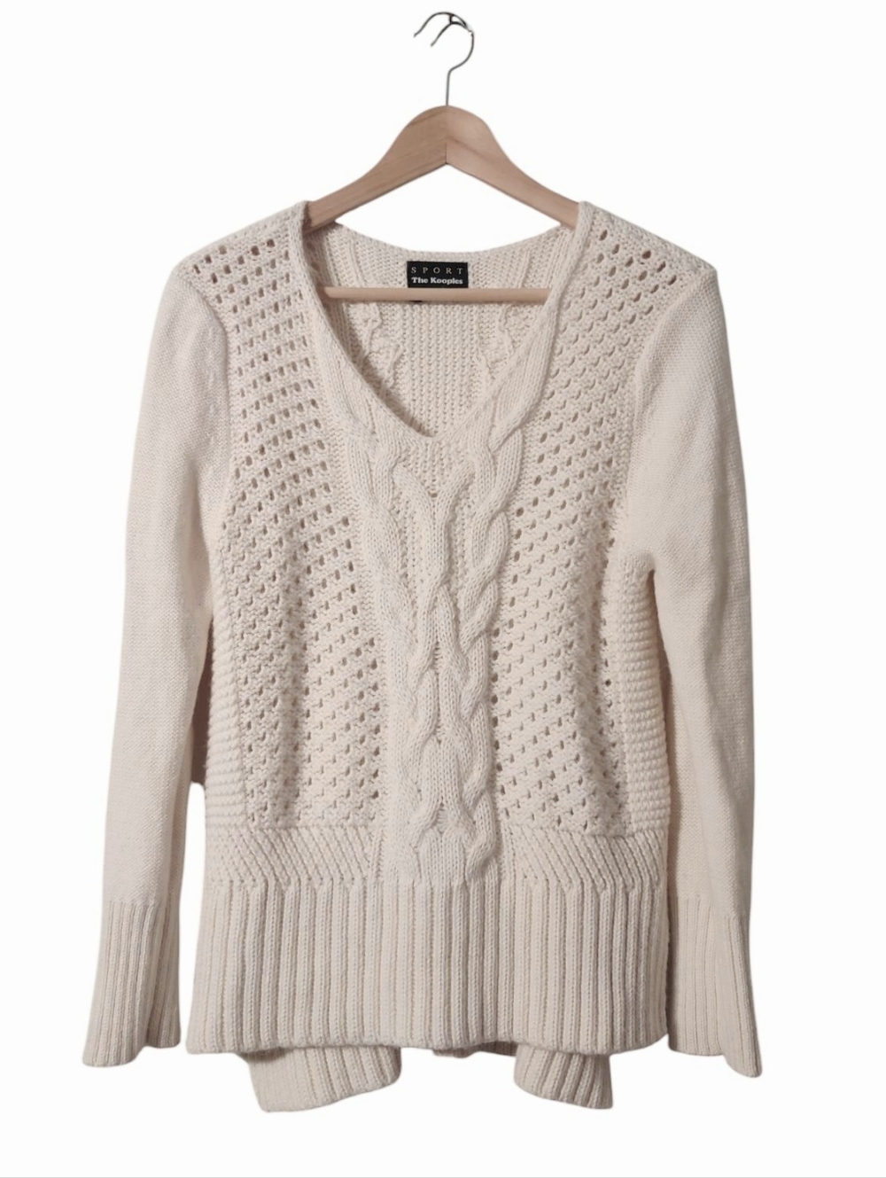 The Kooples Alpaca Cable Stitched Open Knit V-Neck Ribbed Neutral Chunky Sweater